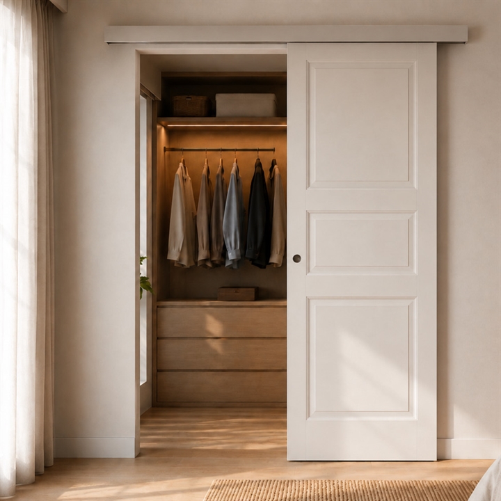 Glat kompakt skydedør med sølv kappe - 2-vejs softclose - Safco Doors