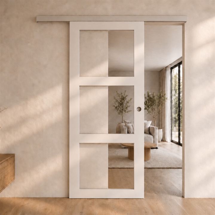 Glat kompakt skydedør med sølv kappe - 2-vejs softclose - Safco Doors