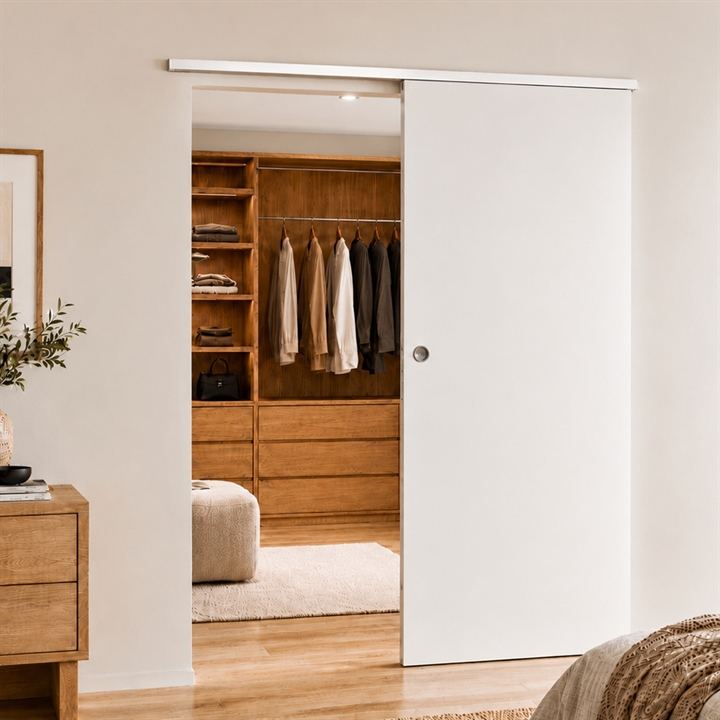 Slimline kompakt skydedør m/sølv kappe og square sølv greb - 2-vejs softclose
