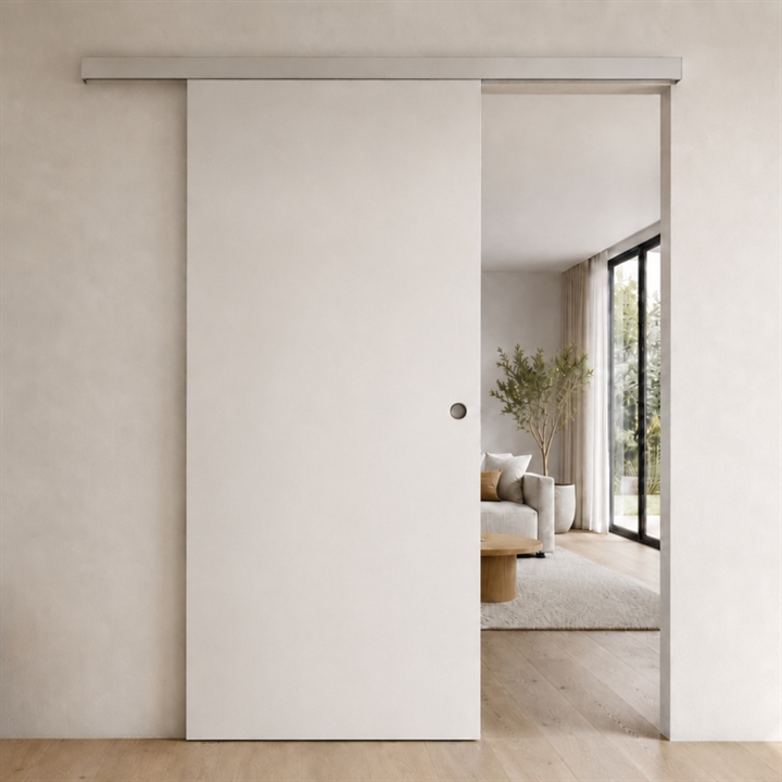 Glat kompakt skydedør med sølv kappe - 2-vejs softclose - Safco Doors